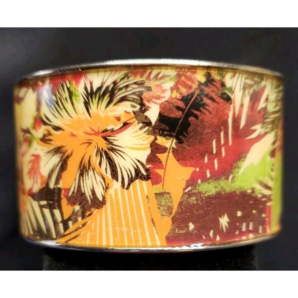 Chunky Wide Boho Fall Colored Leaves Patten Clamper Bangle Bracelet Gold Tone - Picture 3 of 14